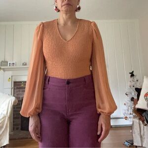 1. State Nude Smocked Blouse with Sheer Sleeves